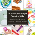The image displays a collage of various fidget toys and sensory items recommended for children, titled "25 of the Best Fidget Toys for Kids."