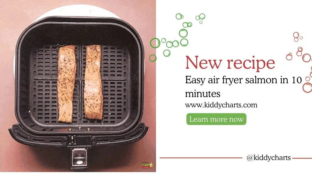 The image shows an advertisement for a new recipe featuring easy air fryer salmon with a website link for details and a "Learn more now" button.