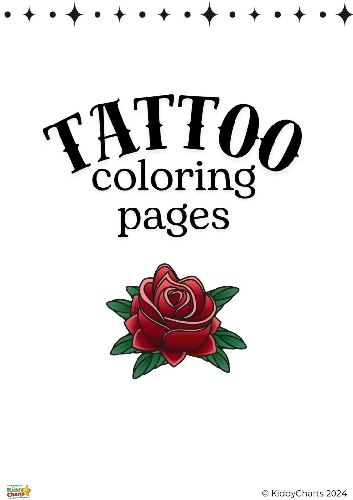 The image displays the words "TATTOO coloring pages" in bold, black font above a stylized red rose with green leaves, indicating a coloring book cover.