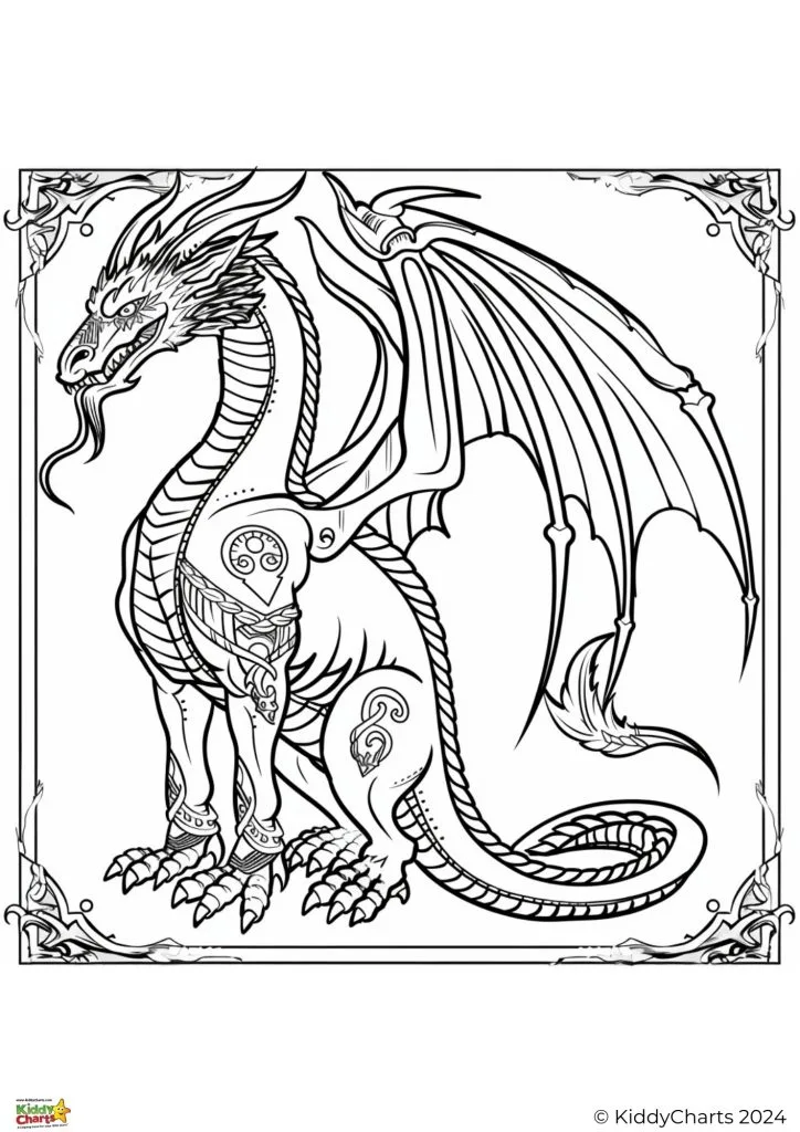 This is a black-and-white line art image of a mythological dragon with intricate designs, suitable for coloring, enclosed within a decorative border.