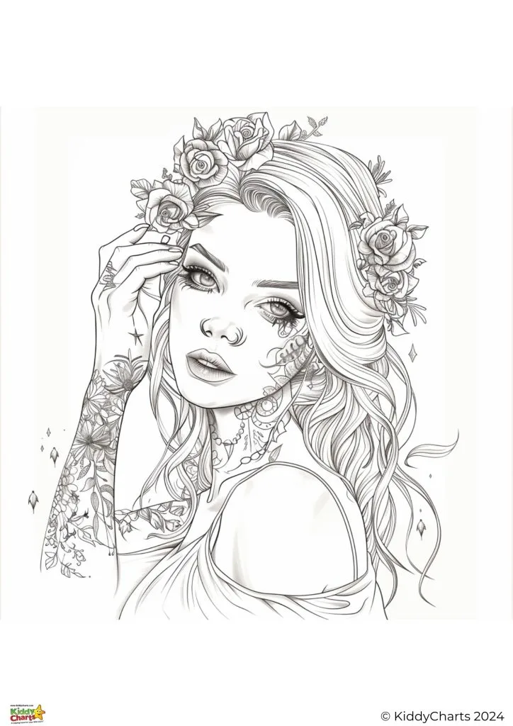 This is a grayscale illustration of a person with detailed tattoos, floral decorations in their hair, and a reflective gaze, suitable for coloring.