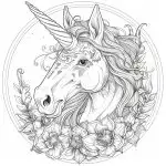 This image shows a detailed line drawing of a unicorn's head, adorned with intricate floral patterns, enclosed within a circular border, uncolored.