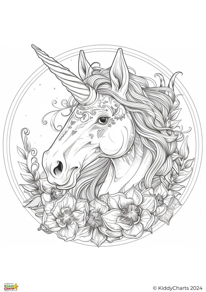 This image shows a detailed line drawing of a unicorn's head, adorned with intricate floral patterns, enclosed within a circular border, uncolored.