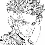 This image is a black and white line drawing of a person with edgy hair, piercings, and ornate tattoos. The artwork has a punk aesthetic.