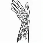 This image features a black and white line drawing of a hand with a floral pattern, suitable for coloring, labeled with "© KiddyCharts 2024".