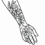 This is a black and white line drawing depicting an arm extended downwards with floral patterns as if tattooed or decorated along the limb.