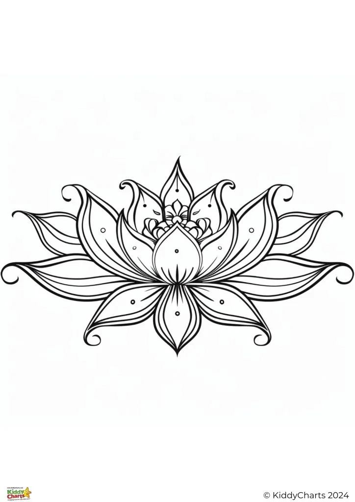 This is a black-and-white illustration of a symmetrical, ornamental flower design with intricate patterns and swirling details, possibly for coloring activities.