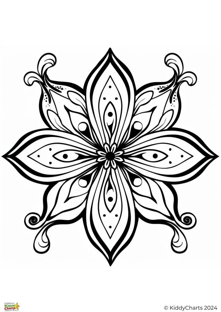 This image displays a symmetrical, intricate mandala pattern with decorative elements suitable for coloring activities, marked with "KiddyCharts 2024".