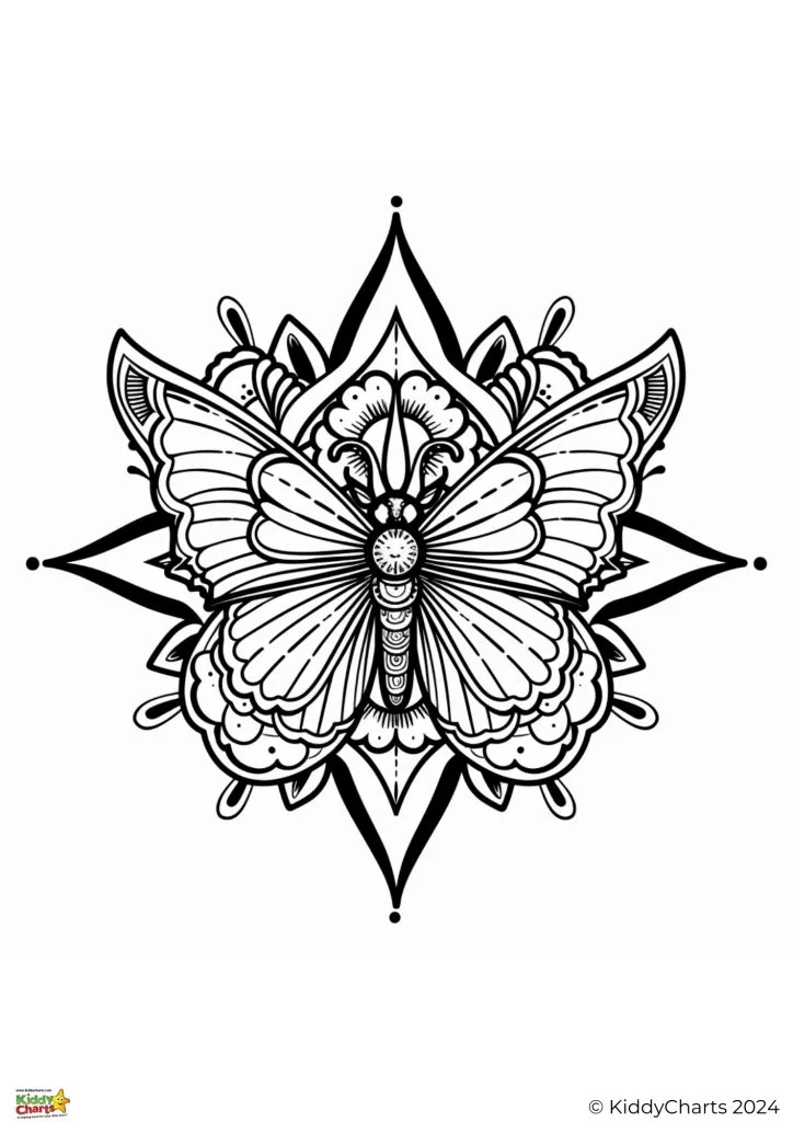 This is a black-and-white symmetrical illustration that features a butterfly with intricate wing patterns, embedded within a decorative geometric floral design.