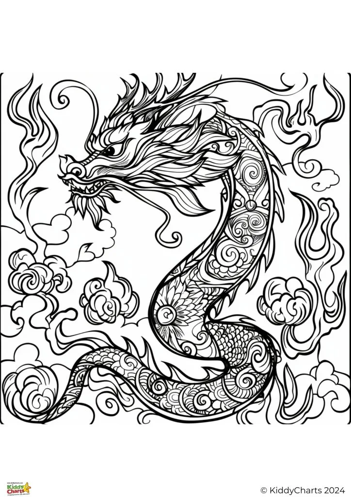 This is a black and white coloring page featuring a detailed, stylized dragon amidst swirling clouds, showcasing intricate patterns for artistic coloring.