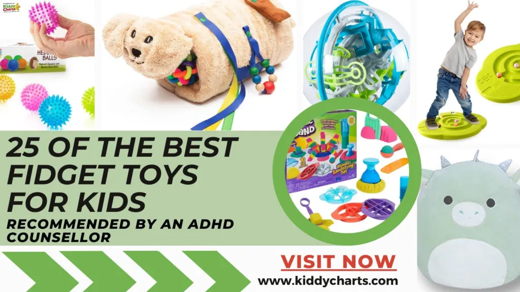 The image shows a colorful collage of various fidget toys for kids, recommended by an ADHD counsellor, and includes a link to a website.