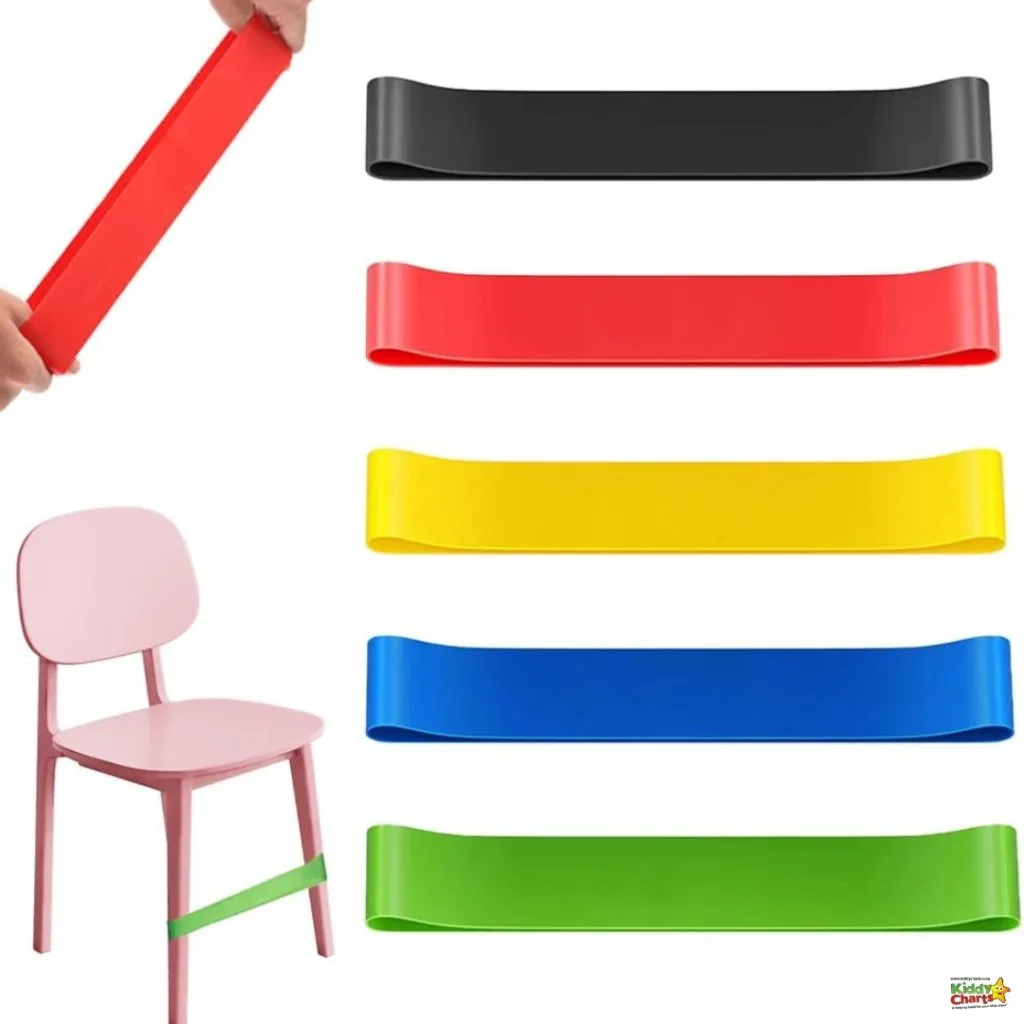 A person's hand is stretching a red resistance band above a pink chair. Various colored resistance bands are displayed, representing different strengths.