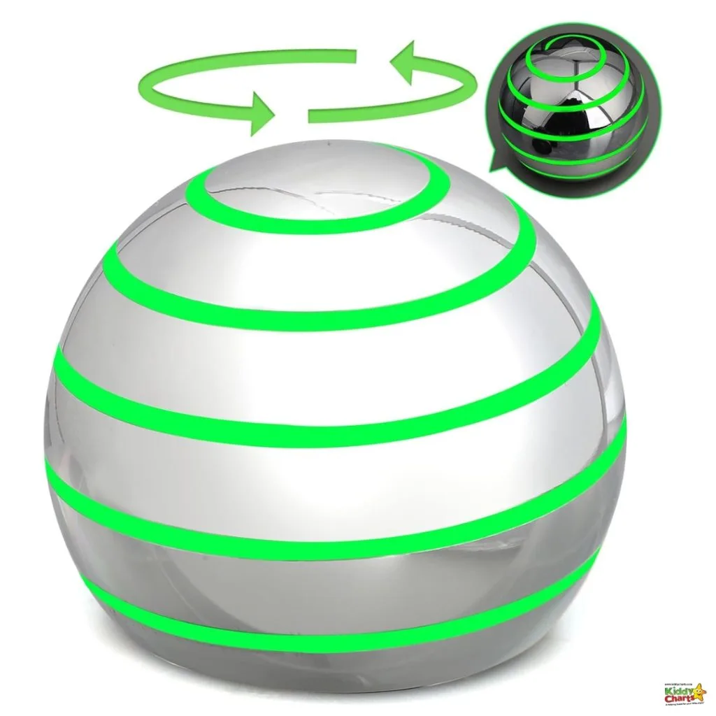 This is a digital image of a spherical, silver-colored puzzle ball with green circular lines, indicating rotational movement or functionality, displayed on a white background.