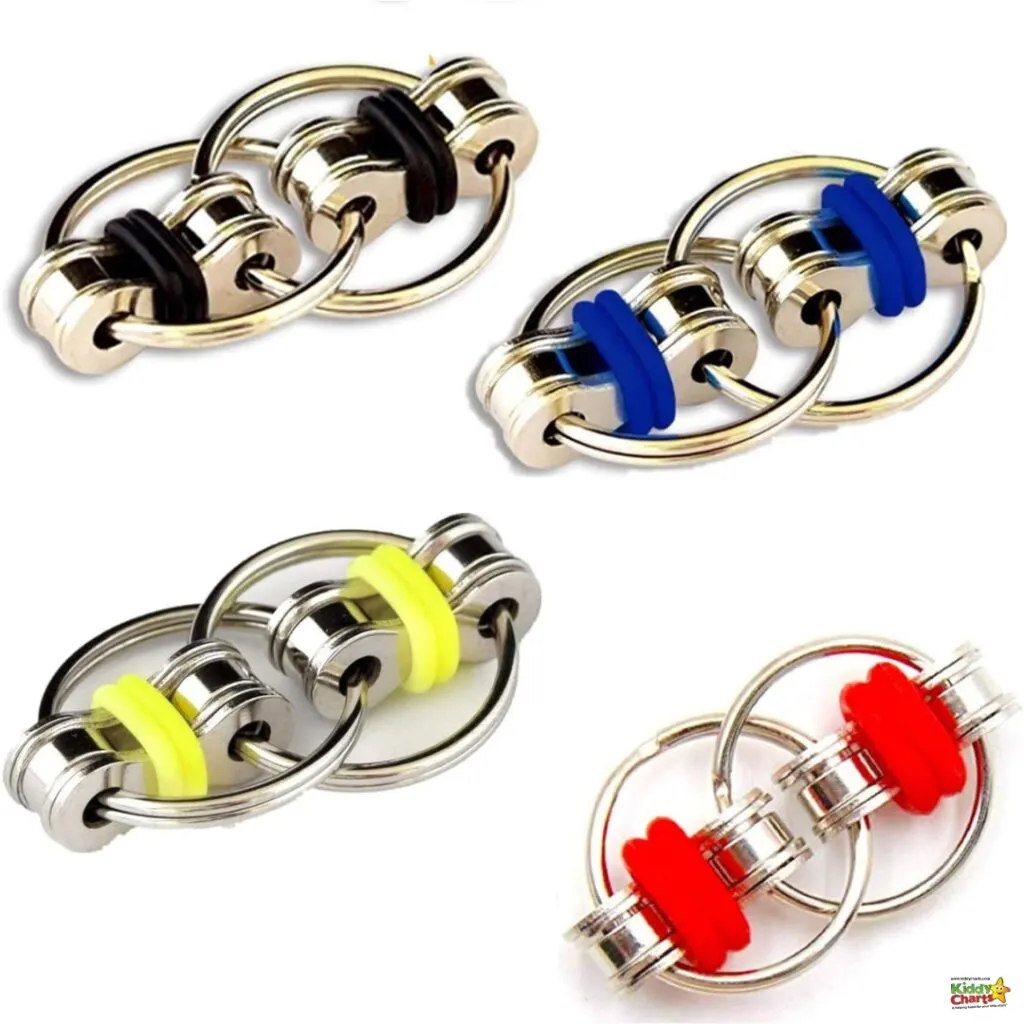 The image shows four sets of interlocked metal rings, each set featuring a central ring with a colored silicone band—black, blue, yellow, and red.