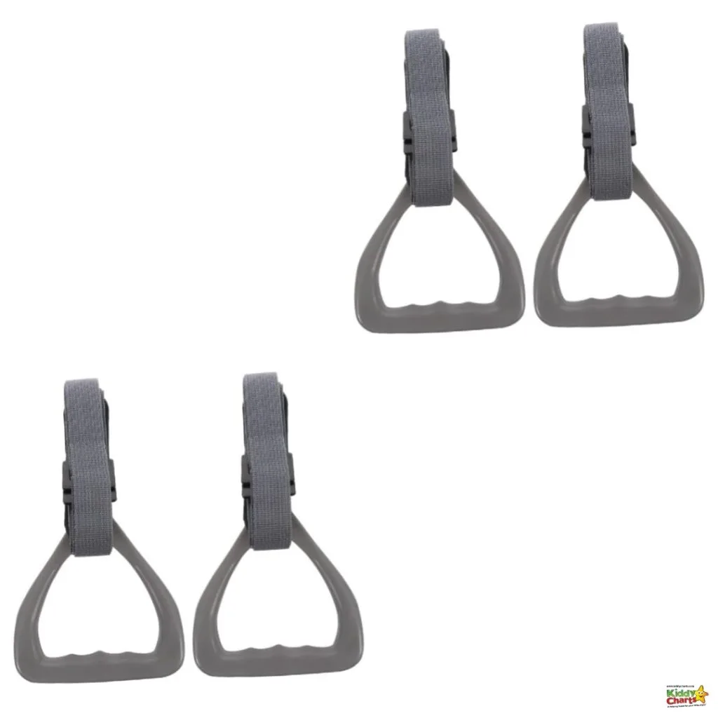 The image shows four identical grey resistance band handles, each with a black adjustable strap, symmetrically arranged against a white background.