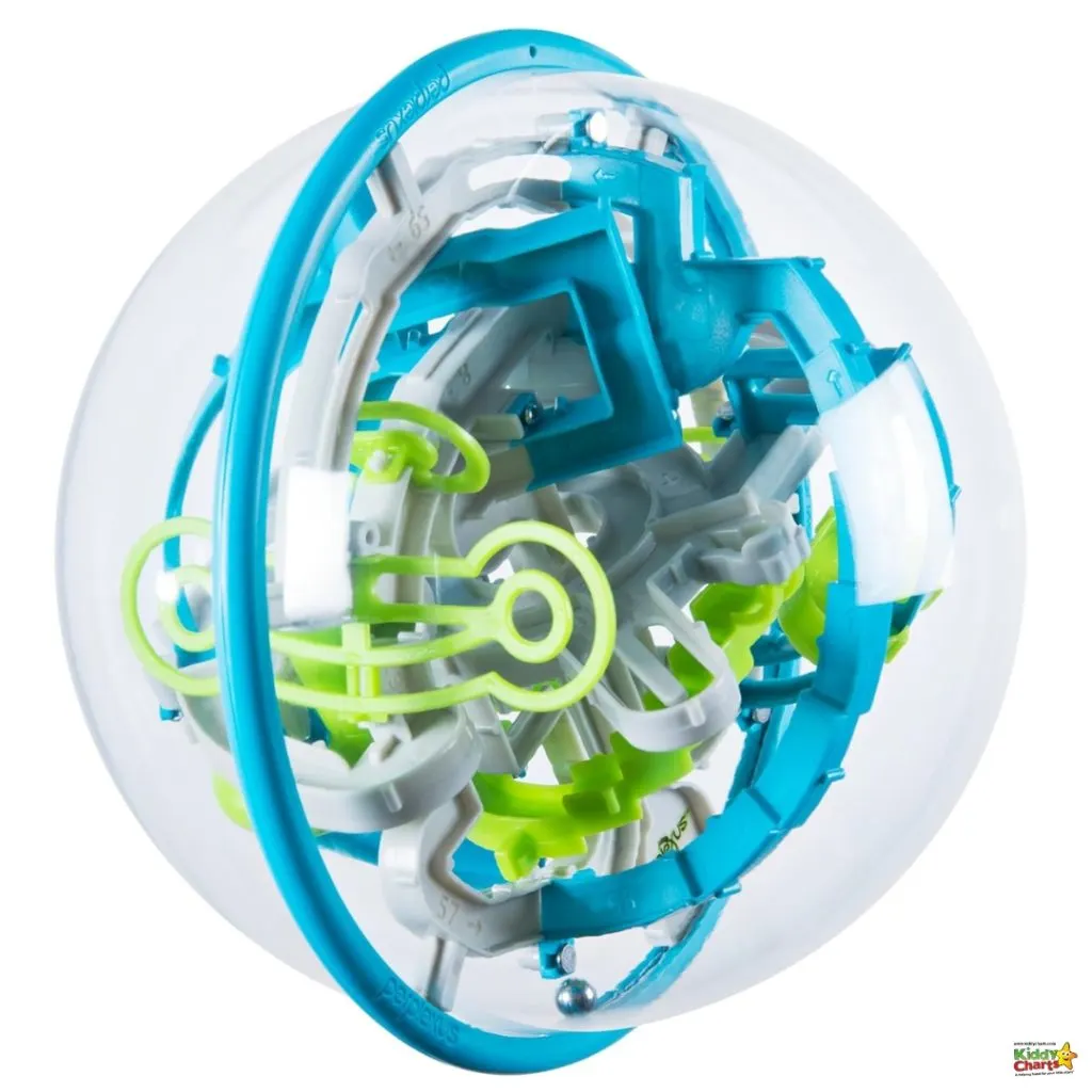 This is a spherical puzzle toy with a transparent outer shell, revealing a complex blue and green internal labyrinth structure with intricate pathways.