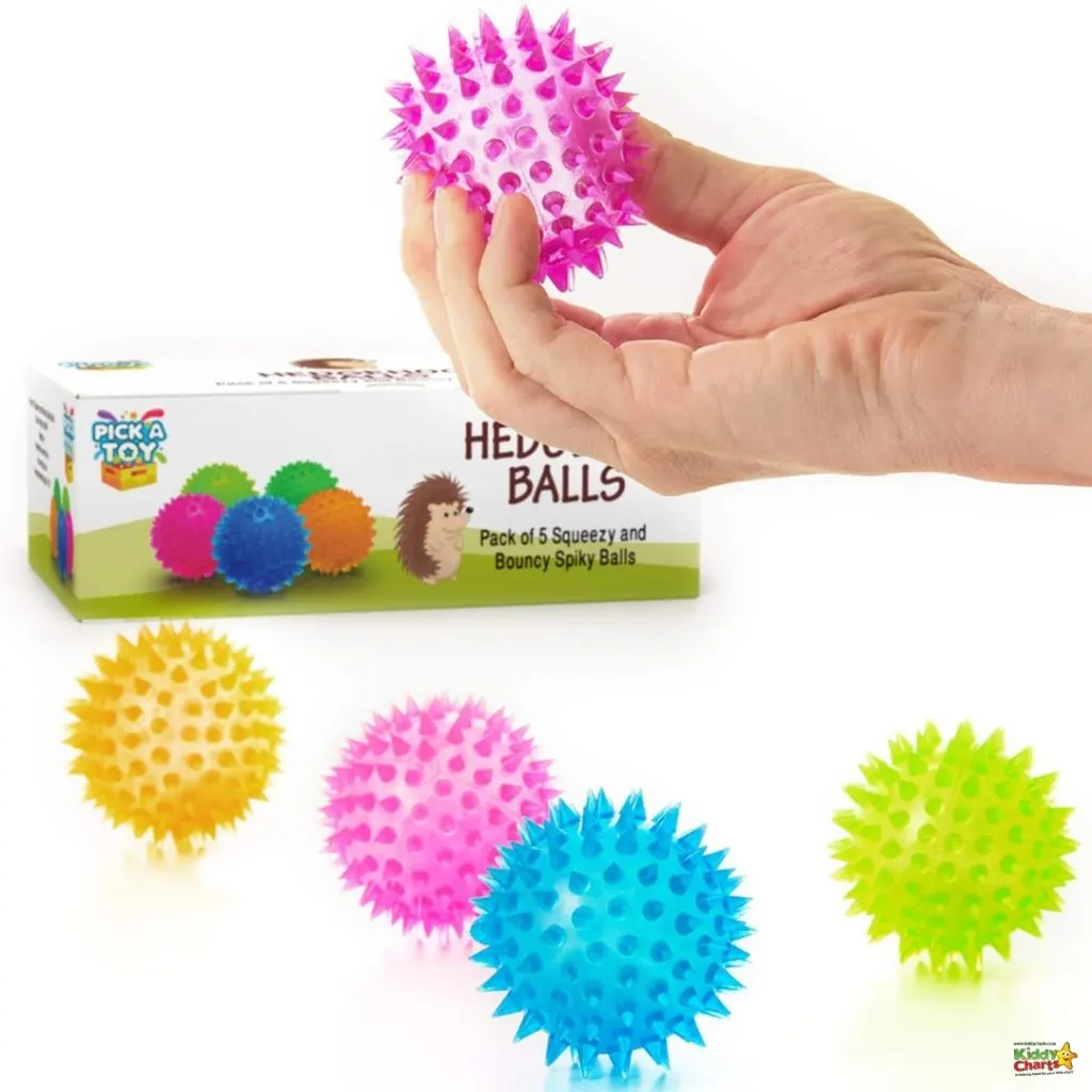 A person holds a pink spiky ball above a box labeled "Hedgehog Balls" featuring colorful squeezy and bouncy spiked balls for play.