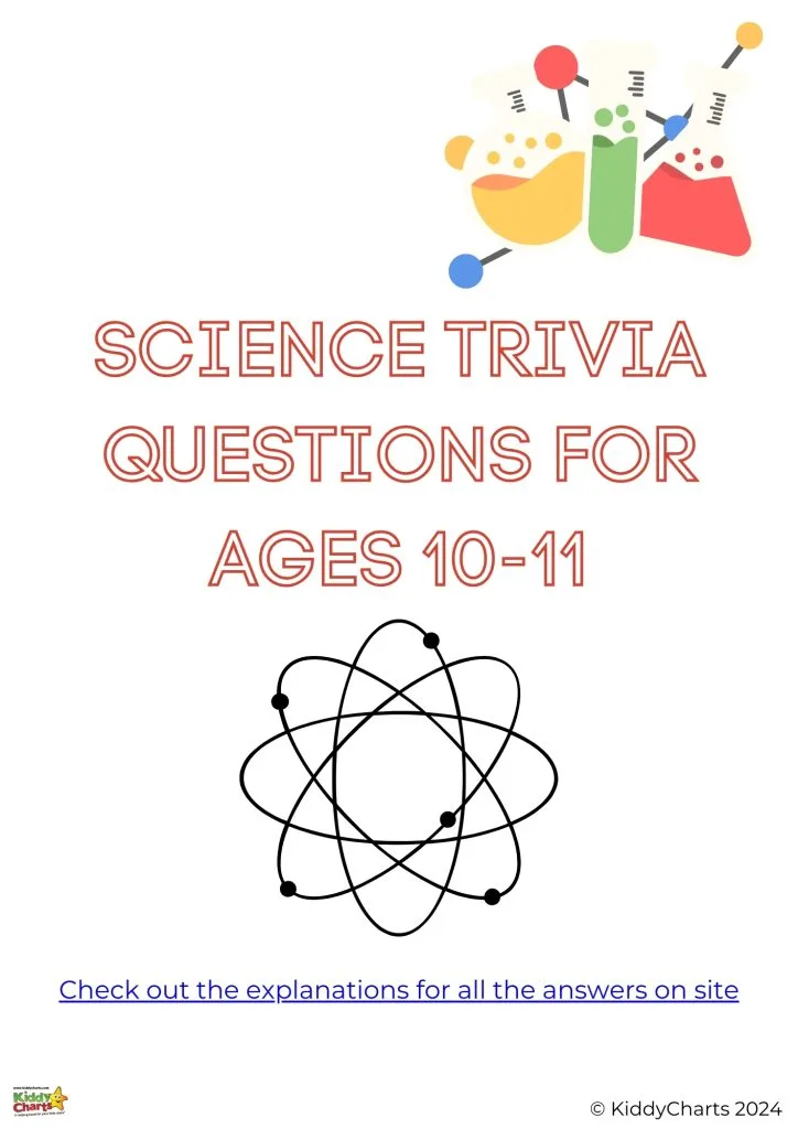 The image shows a colorful poster advertising "SCIENCE TRIVIA QUESTIONS FOR AGES 10-11" with illustrations of laboratory equipment and an atomic model.