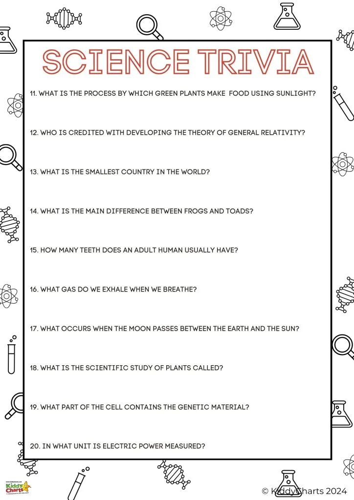 The image shows a "Science Trivia" worksheet with questions regarding general science facts, including biology, physics, and geography themes, adorned with science-related icons.