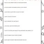 An illustrated worksheet titled "Science Trivia" with ten questions related to various scientific topics and drawings of scientific symbols on the borders. © KiddyCharts 2024.