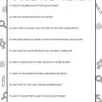 The image shows a "Science Trivia" worksheet with questions about biology, chemistry, and planetary science, adorned with science-related doodles. © Kiddycharts 2024.