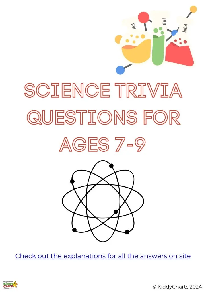 The image shows a poster with the title "Science Trivia Questions for Ages 7-9," featuring a stylized atom and colorful laboratory flasks, indicating an educational theme for children.