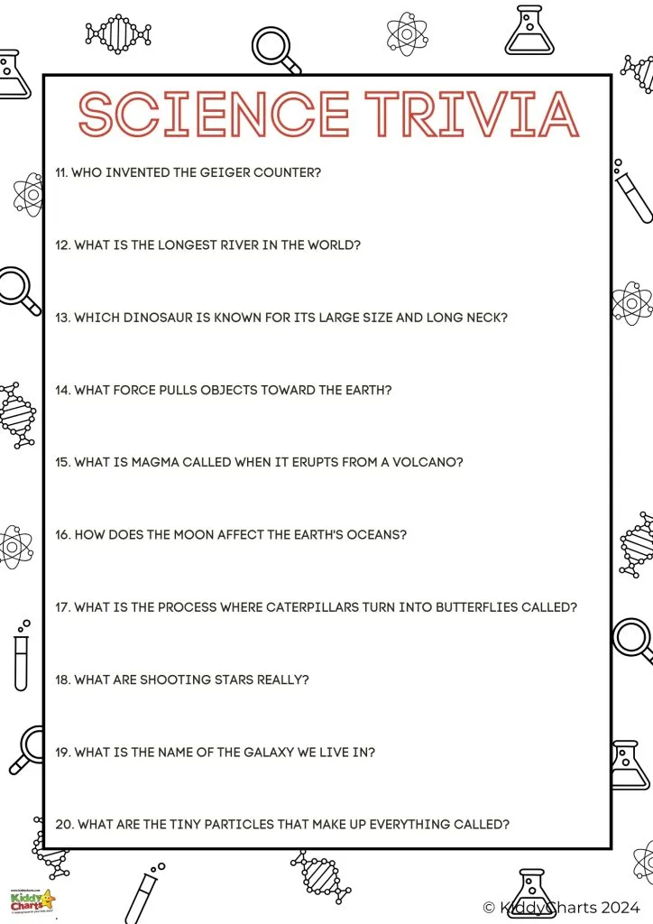 The image depicts a worksheet titled "SCIENCE TRIVIA" with ten questions related to general science knowledge, surrounded by simple scientific icons.