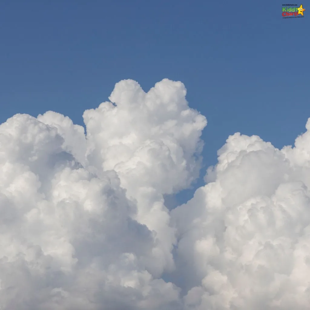 The image displays voluminous cumulus clouds against a bright blue sky, suggesting nice weather or potential for later weather changes.