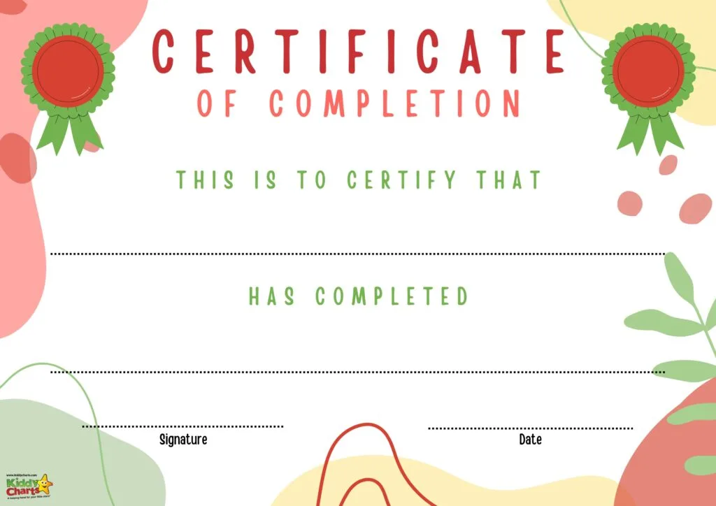 The image is a colorful, playful certificate of completion template with spaces for a name, signature, and date, adorned with abstract shapes and ribbons.
