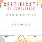 The image is a colorful, playful certificate of completion template with spaces for a name, signature, and date, adorned with abstract shapes and ribbons.