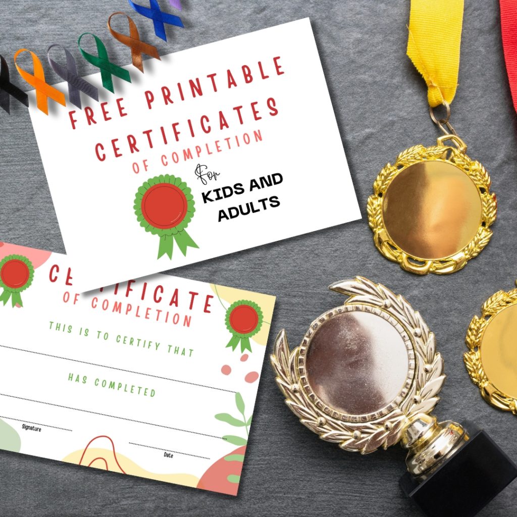 This image features printable completion certificates and two gold-colored medals, suggesting recognition for achievements suitable for both children and adults.