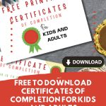 The image shows an advertisement for free downloadable certificates of completion for kids and adults, with a colorful banner and download button.