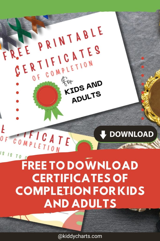 The image shows an advertisement for free downloadable certificates of completion for kids and adults, with a colorful banner and download button.