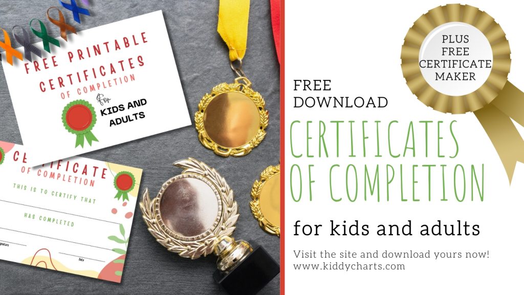 Promotional image displaying free printable certificates of completion for kids and adults, with sample certificate designs and images of medals and a trophy.