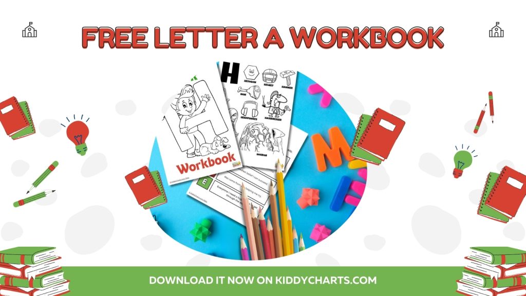 This image promotes a free letter A workbook with educational content, featuring colored pencils, books, and school supplies against a blue background.