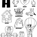 This is an educational image featuring the letter "H" with corresponding black-and-white illustrations: head, heart, hook, hamburger, heel, house, haystack, heavy, honey, hot air balloon.