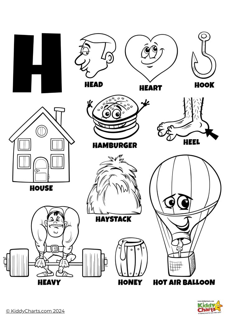 This is an educational image featuring the letter "H" with corresponding black-and-white illustrations: head, heart, hook, hamburger, heel, house, haystack, heavy, honey, hot air balloon.
