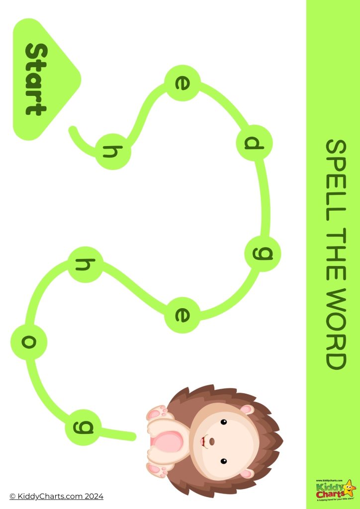 A colorful educational worksheet featuring a connect-the-dots activity with letters to spell a word, starting with an arrow and ending with a cute cartoon hedgehog.