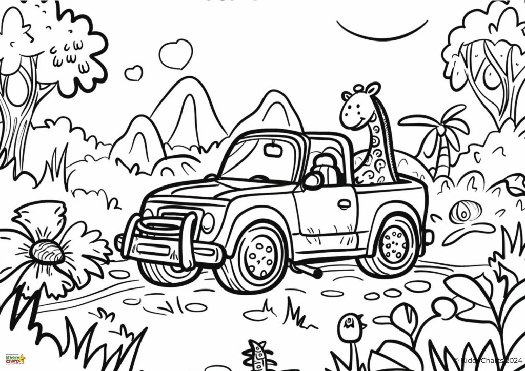 A black and white coloring page depicts a cartoon giraffe in a pickup truck surrounded by a whimsical landscape with trees, flowers, and mountains.