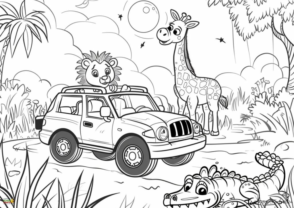 A black and white coloring page features a cheerful lion on a vehicle and friendly animals like a giraffe and a crocodile in a jungle setting.