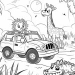 A black and white coloring page features a cheerful lion on a vehicle and friendly animals like a giraffe and a crocodile in a jungle setting.