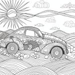 This is a black and white coloring page featuring a highly detailed and patterned classic car in a stylized landscape with hills, clouds, and a radiant sun.