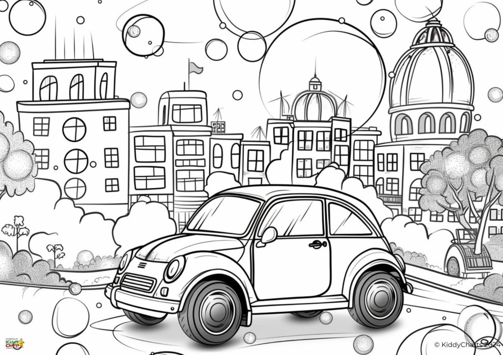 A black and white coloring page features a whimsical cityscape with buildings, a classic car in the foreground, and floating bubbles throughout.