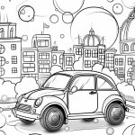 A black and white coloring page features a whimsical cityscape with buildings, a classic car in the foreground, and floating bubbles throughout.