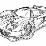 This is a black and white line drawing of a sports car with a rear spoiler, large wheels, and racing details, suitable for coloring.