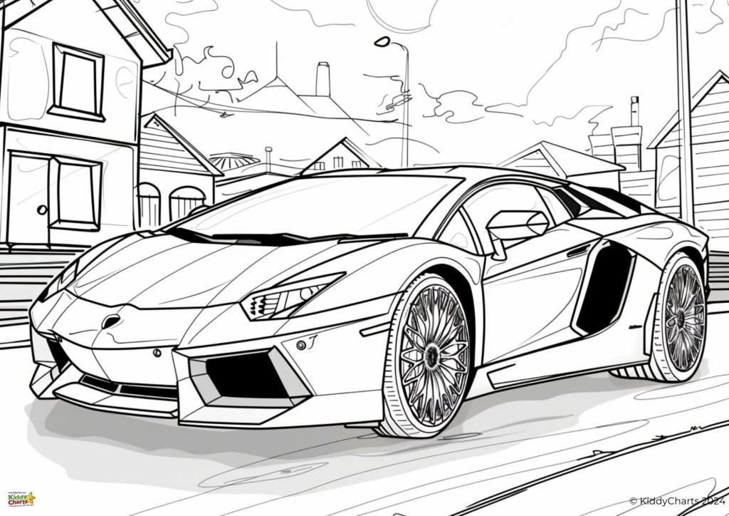 This is a black and white line art illustration of a luxury sports car parked on a residential street with houses in the background.