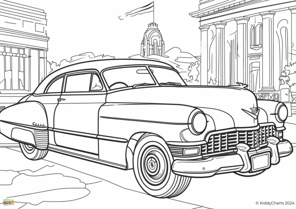 A black and white coloring page features a classic car parked on a street with buildings and a domed structure in the background.