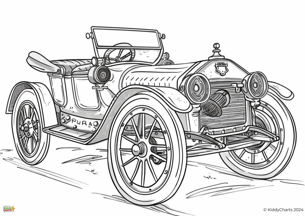 A black and white line drawing depicts an antique car with spoked wheels, a folding roof, and vintage details. It has a classic, early automotive design.