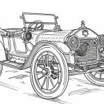A black and white line drawing depicts an antique car with spoked wheels, a folding roof, and vintage details. It has a classic, early automotive design.