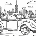 A black and white line drawing featuring a classic car in front of a stylized urban skyline with distinct skyscrapers and fluffy clouds overhead.